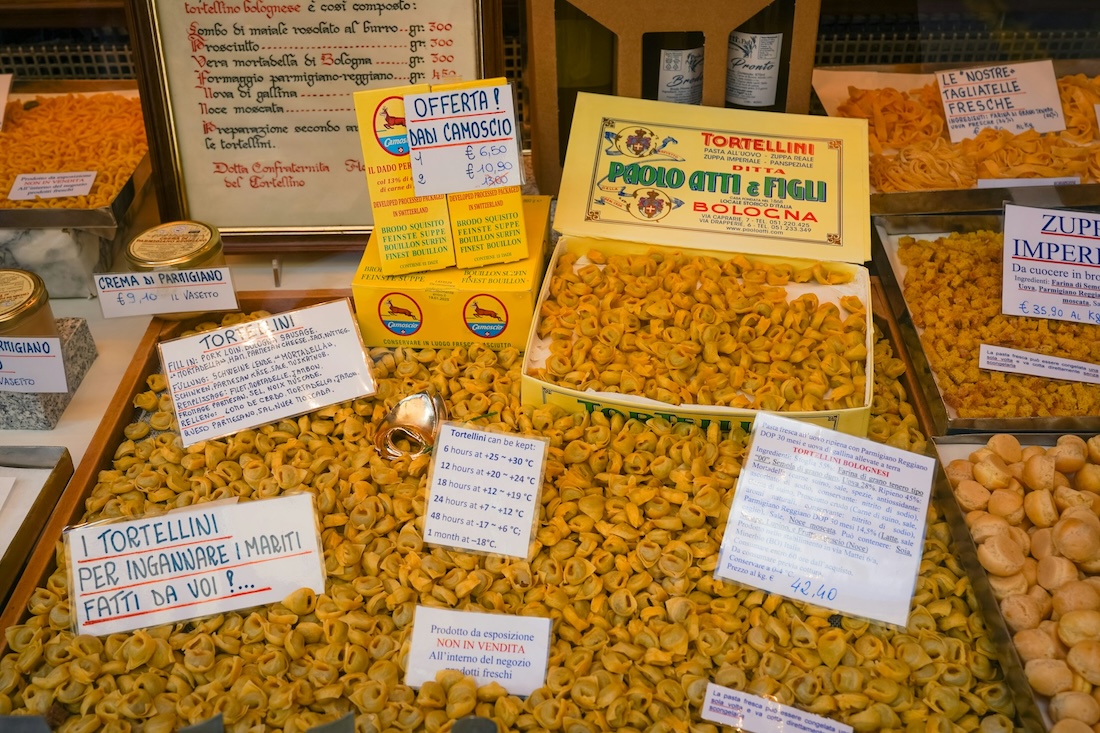 Fresh tortellini for sale in a traditional Bologna food shop in Emilia-Romagna